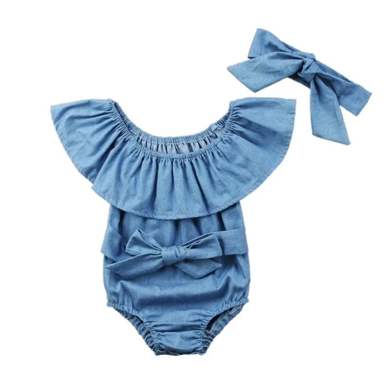 2019 Summer Cute Baby Girls Romper Denim Rompers Set Sleeveless Jumpsuit With Headband 0-24M Children Kids Clothes Hot