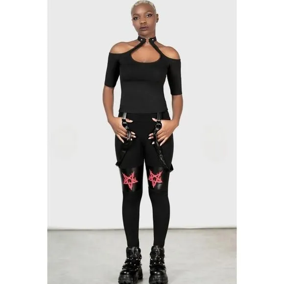 Bloodpact Leggings | Black Suspenders Red Pentagram Soft Cotton