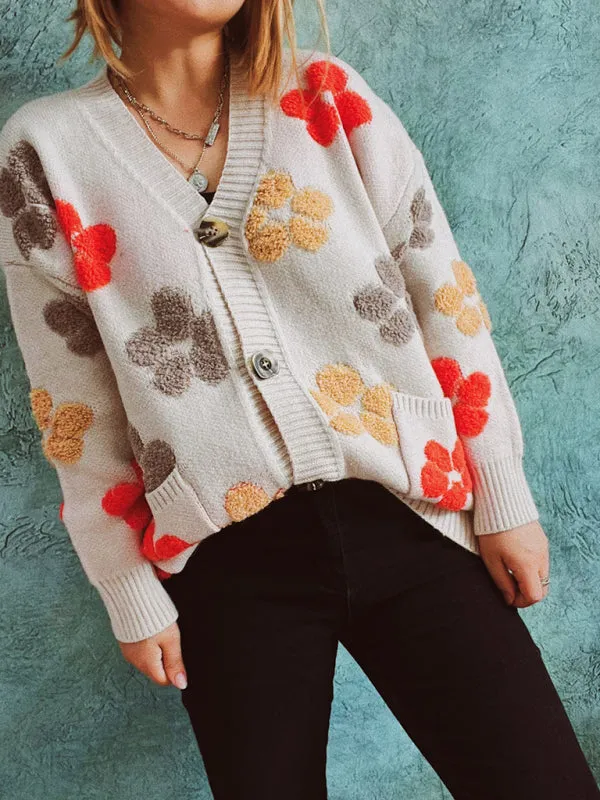 Cardigans - Textured Floral Button Up With Front Pockets