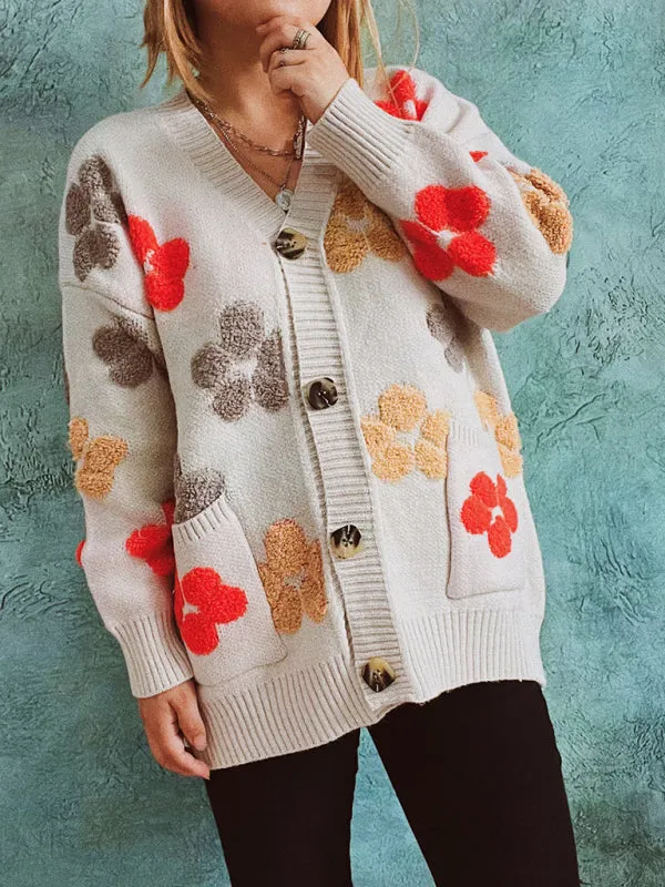 Cardigans - Textured Floral Button Up With Front Pockets