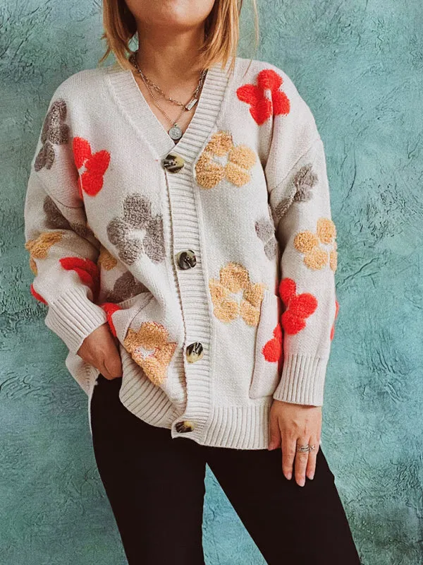 Cardigans - Textured Floral Button Up With Front Pockets