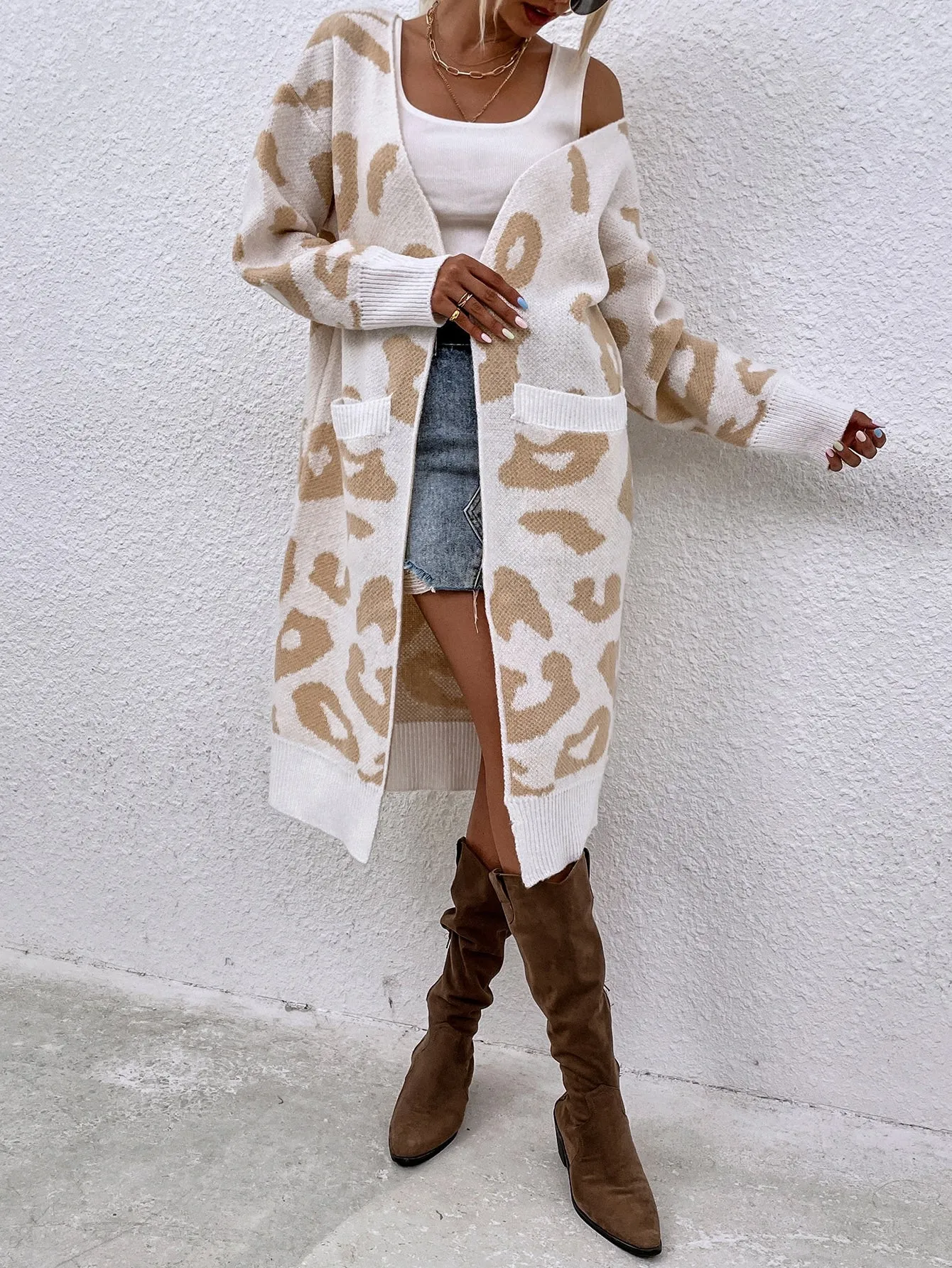 Casual Leopard Pocket Long Sleeve Midi Women Cardigan