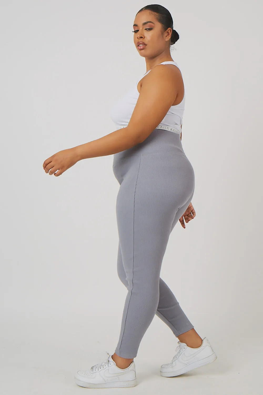 Curve Thick Waistband Ribbed Leggings Grey