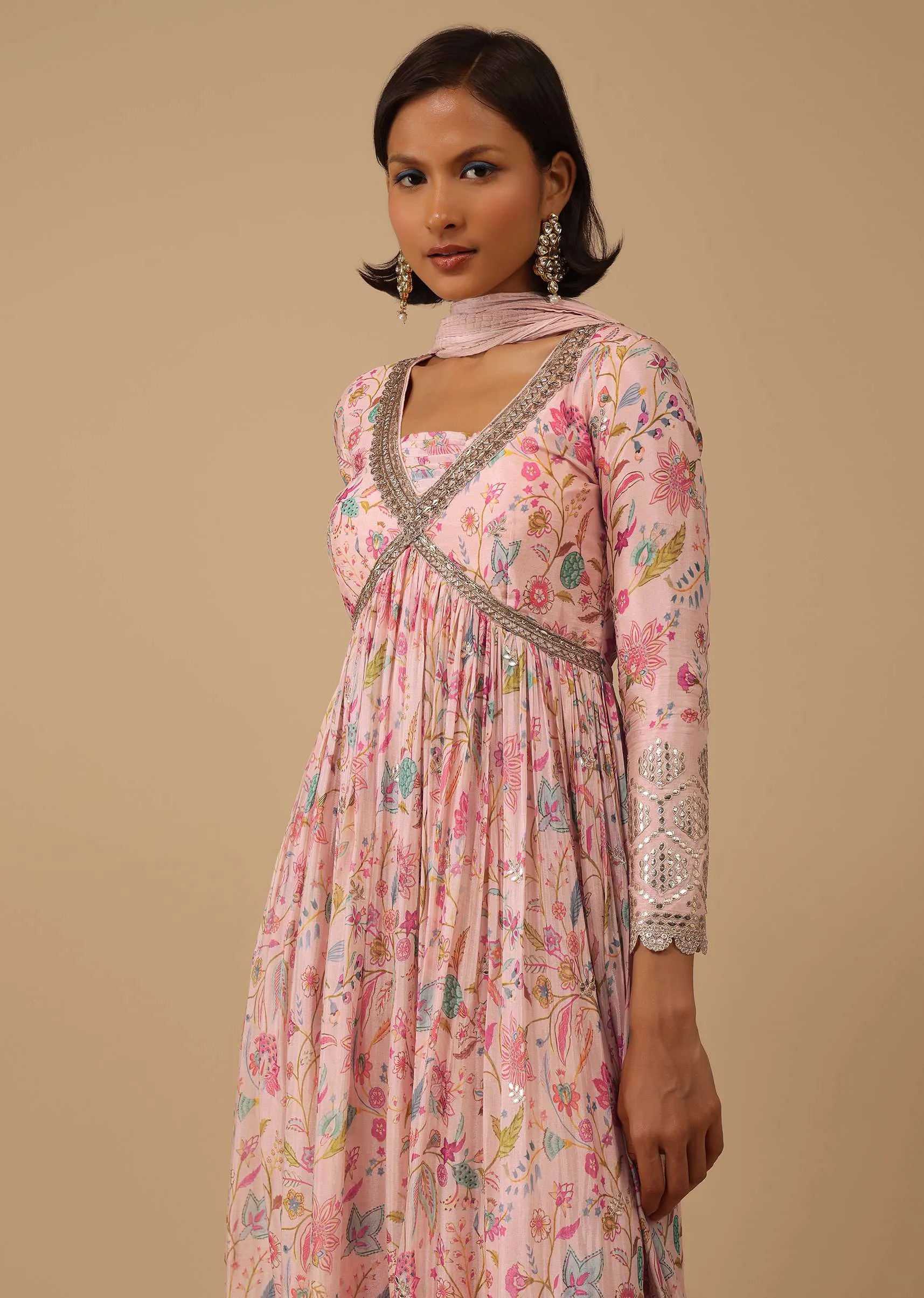 Floral Printed Powder Pink Anarkali Suit Set In Chinon With Gotta Work