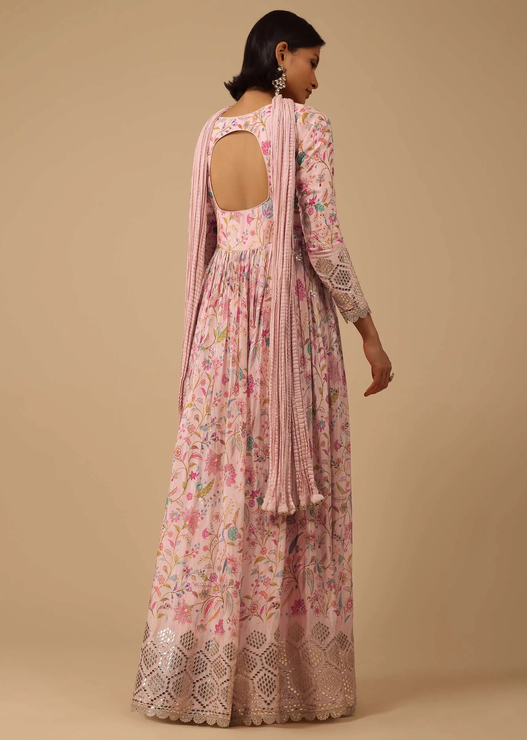 Floral Printed Powder Pink Anarkali Suit Set In Chinon With Gotta Work