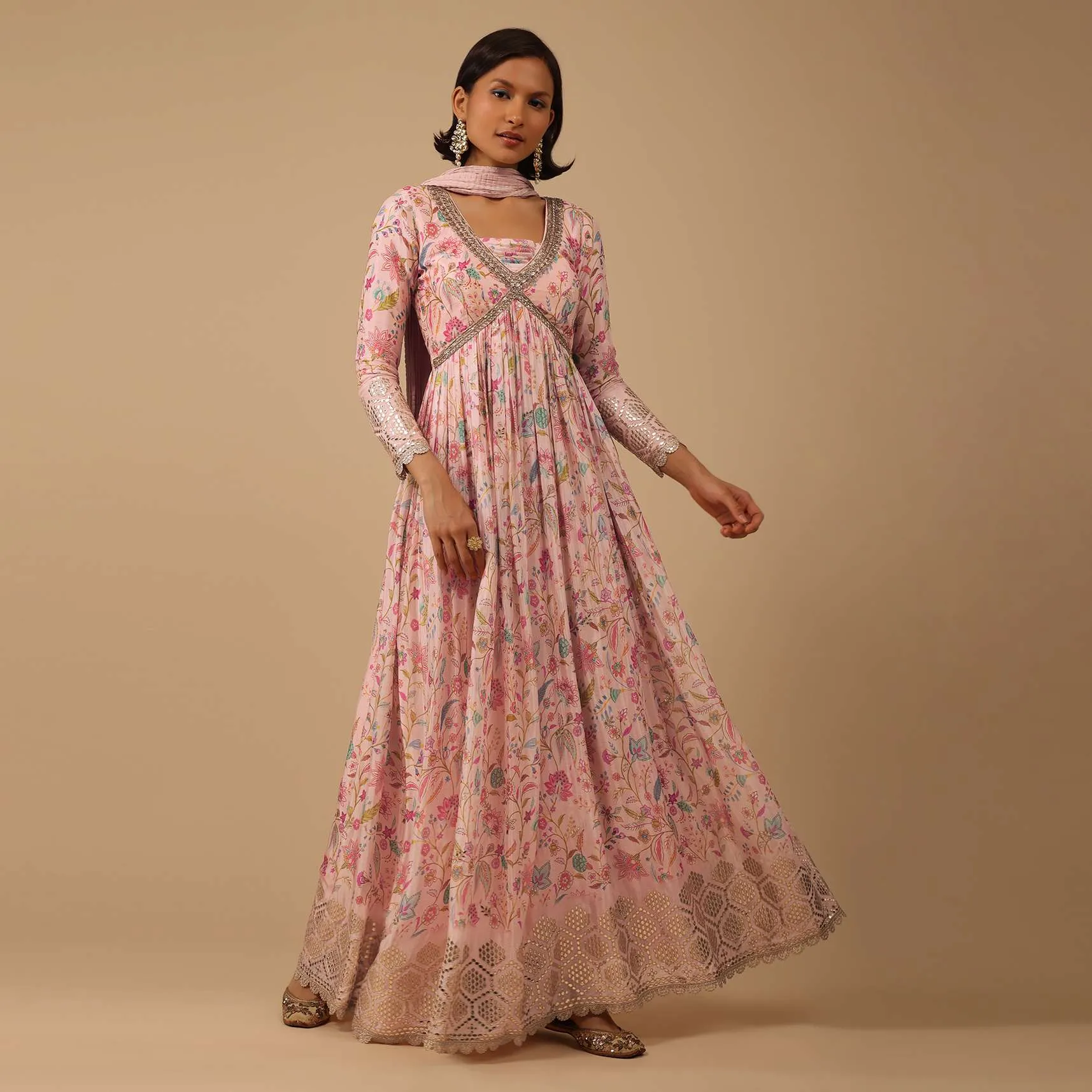 Floral Printed Powder Pink Anarkali Suit Set In Chinon With Gotta Work