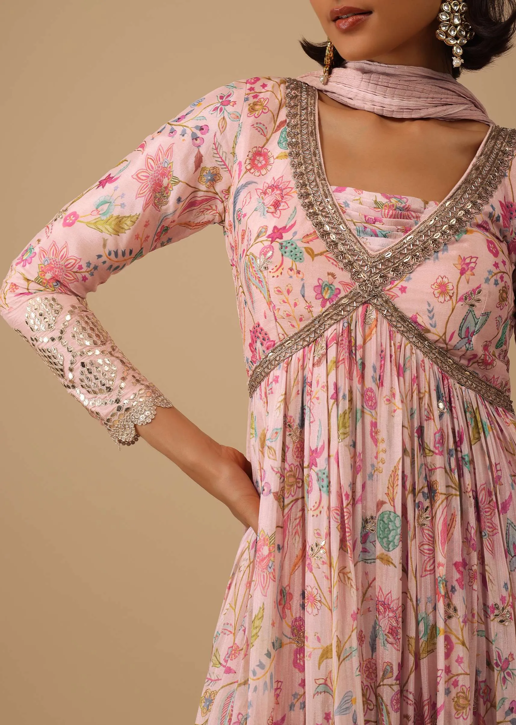 Floral Printed Powder Pink Anarkali Suit Set In Chinon With Gotta Work