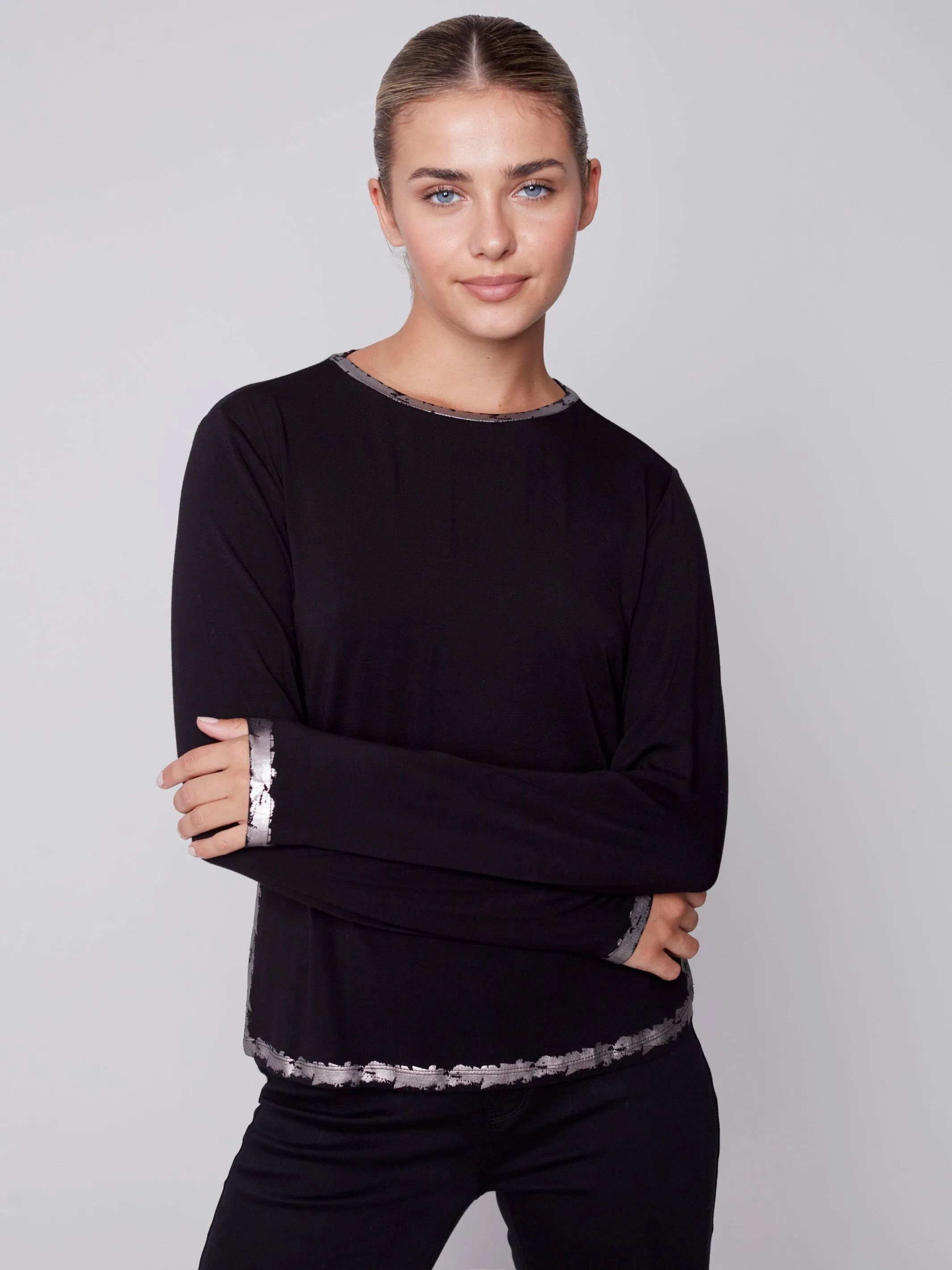 Long-Sleeved Top with Foil Print Detail - Black