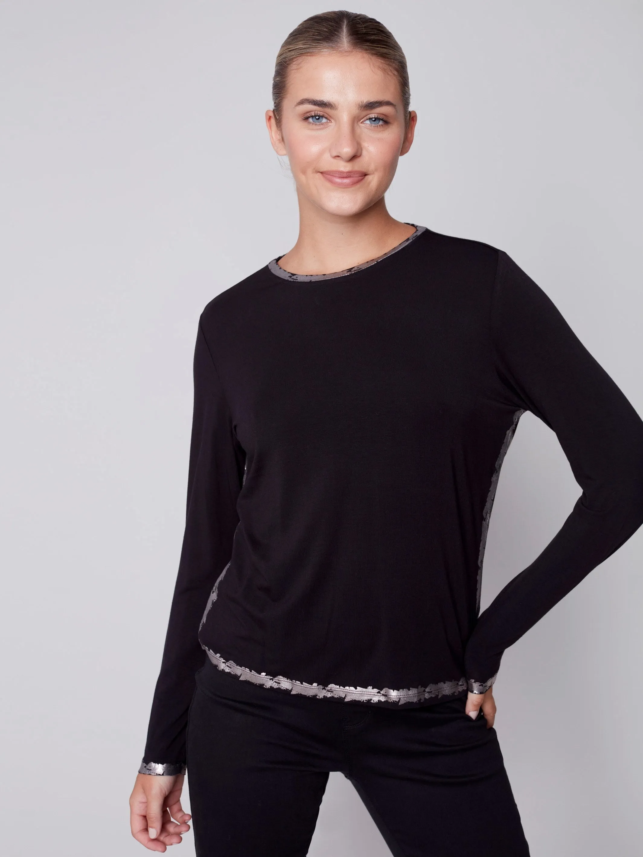 Long-Sleeved Top with Foil Print Detail - Black