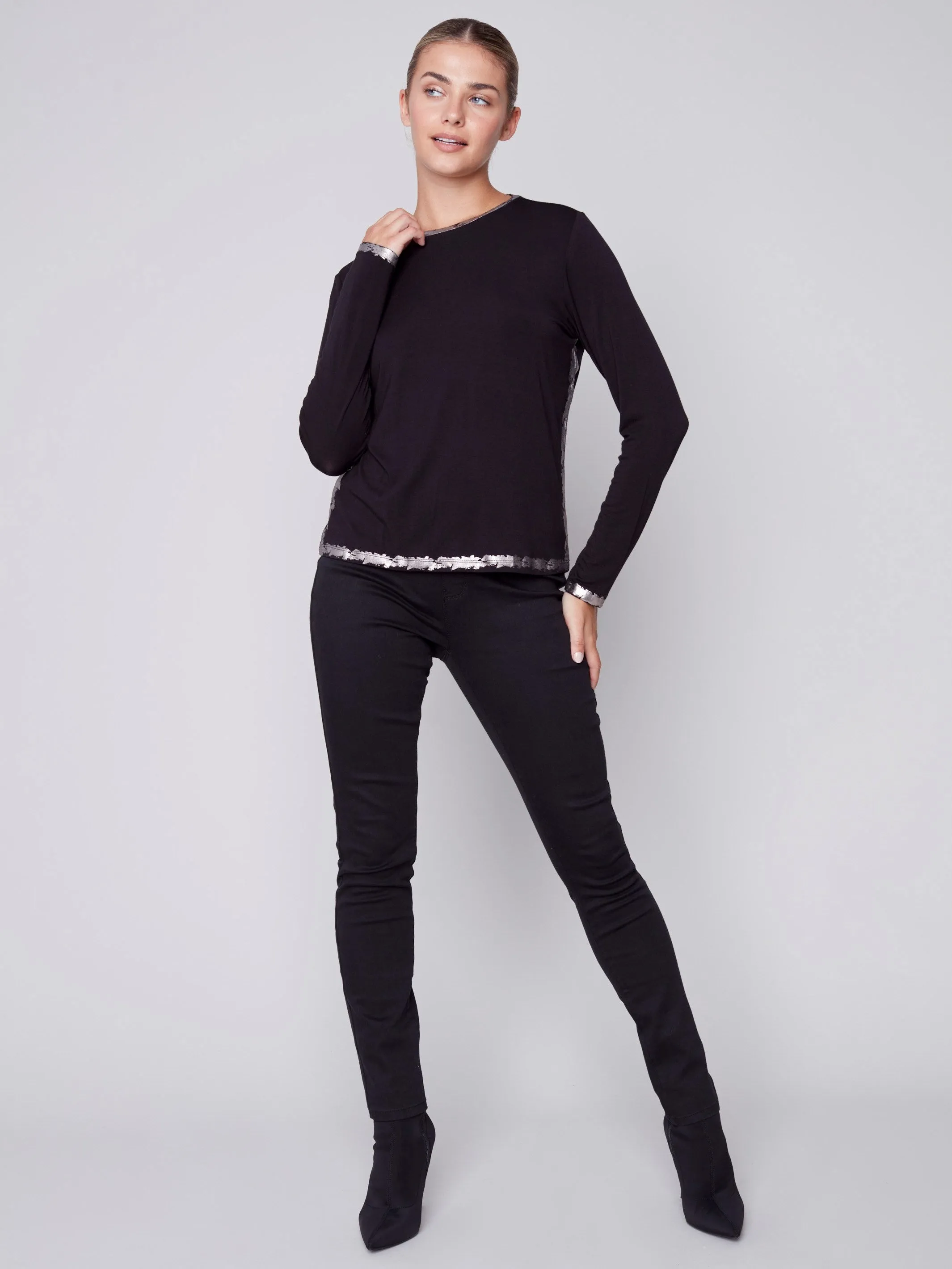Long-Sleeved Top with Foil Print Detail - Black