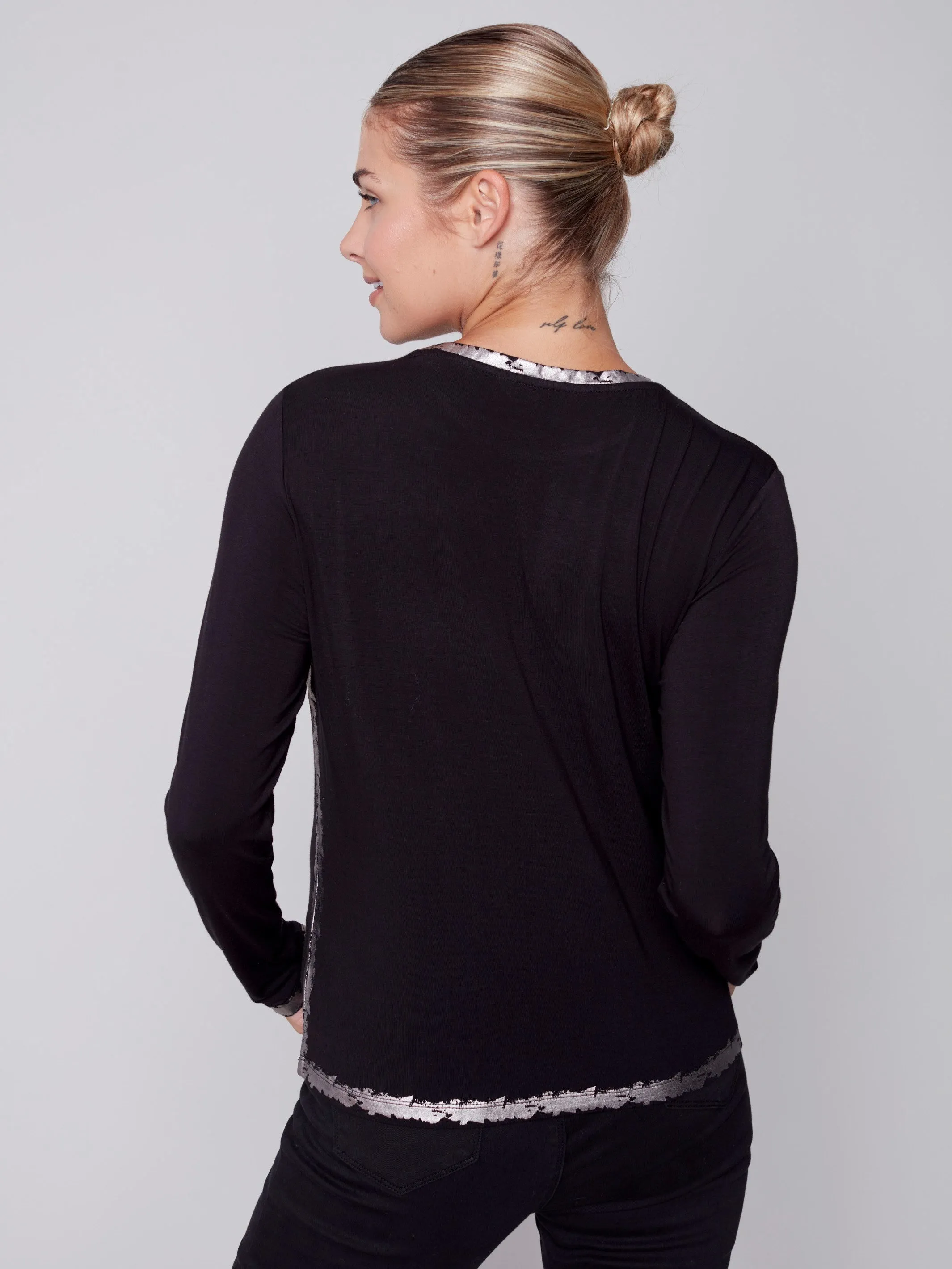 Long-Sleeved Top with Foil Print Detail - Black