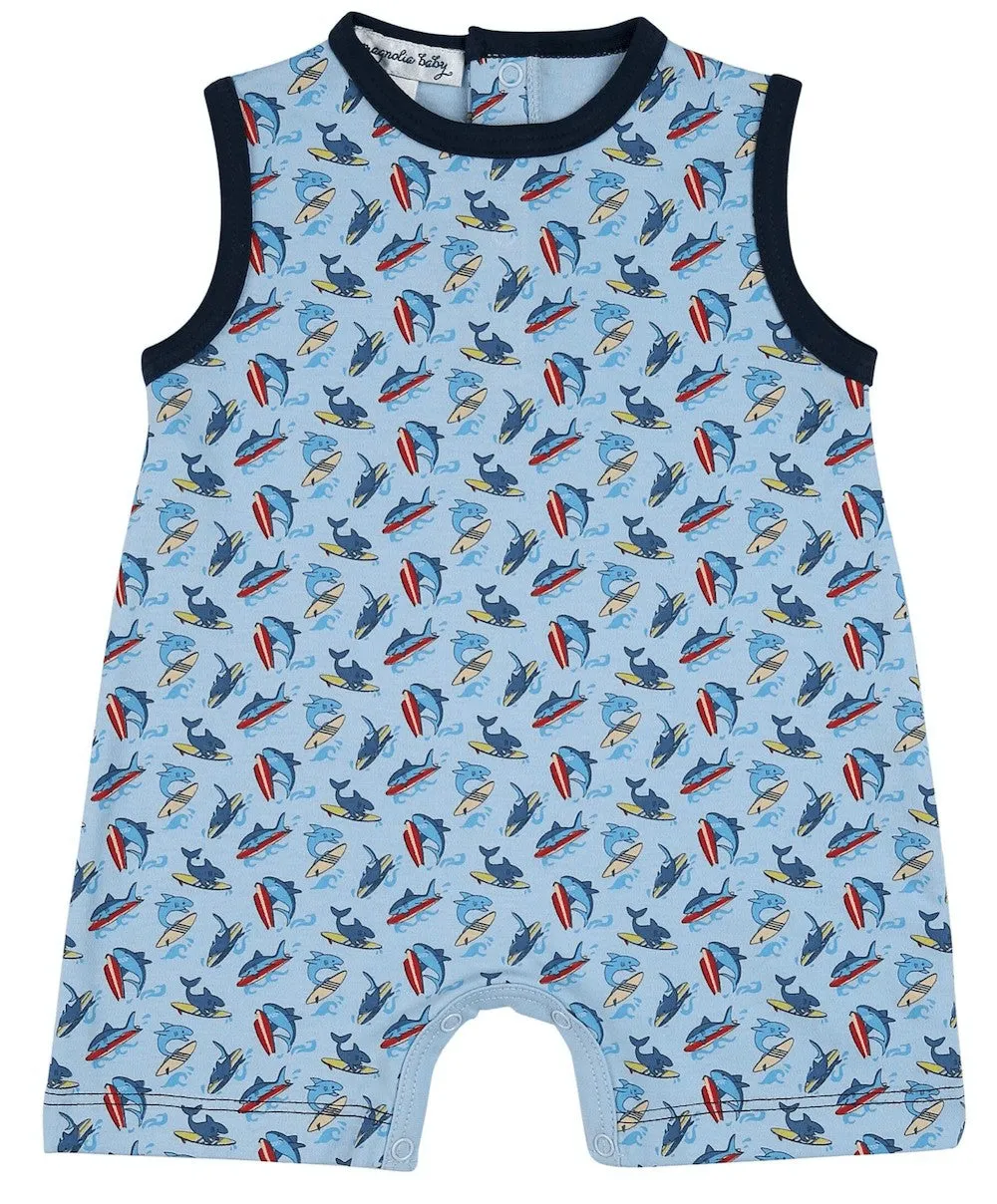 Magnolia Baby Boys Blue Sharkie the Surfer Printed Sleeveless Short Playsuit