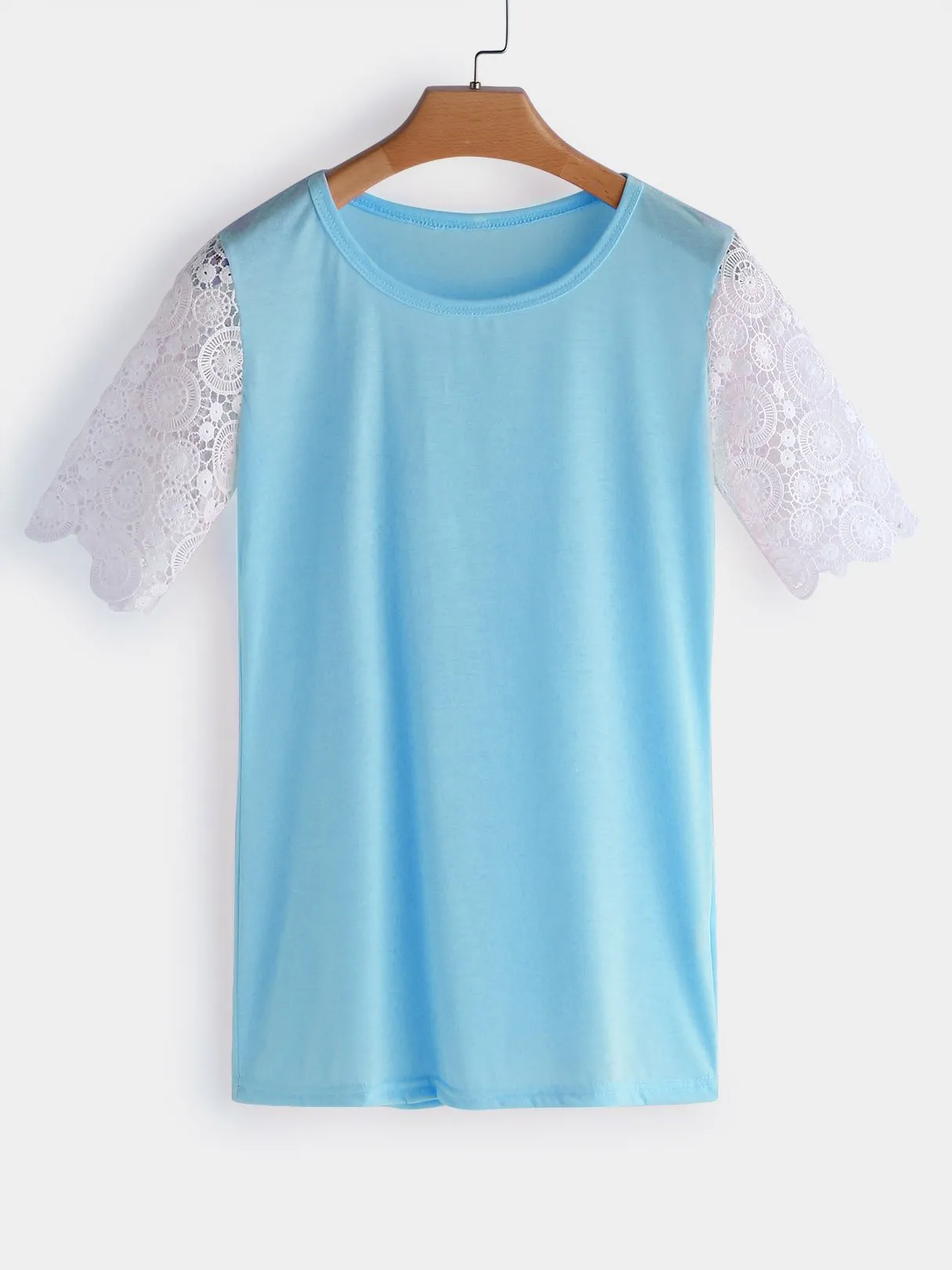 OEM ODM Crew Neck Plain Lace Short Sleeve Blue T-Shirts