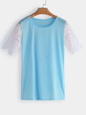 OEM ODM Crew Neck Plain Lace Short Sleeve Blue T-Shirts