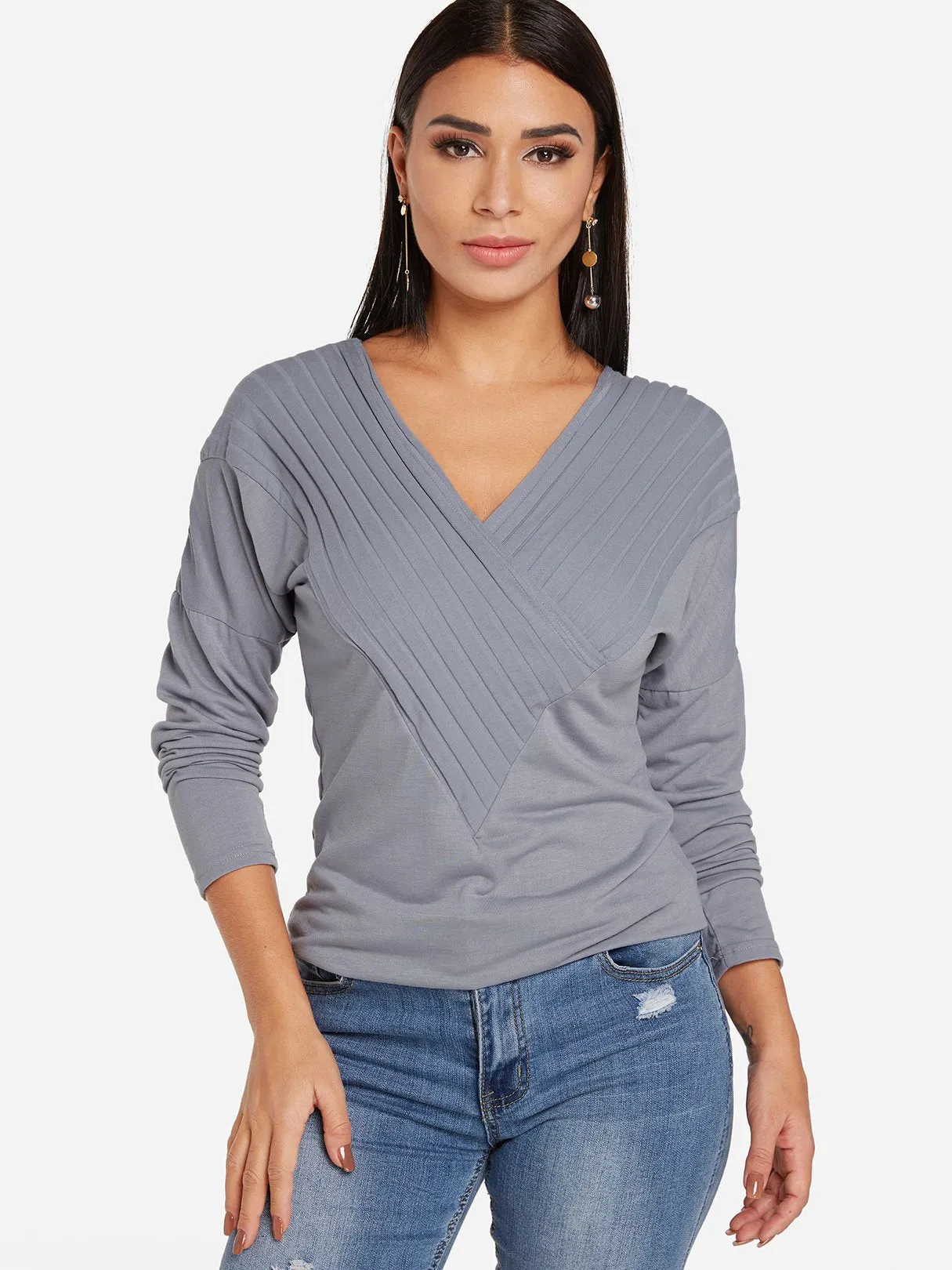 OEM ODM Deep V Neck Plain Crossed Front Long Sleeve Grey T-Shirts