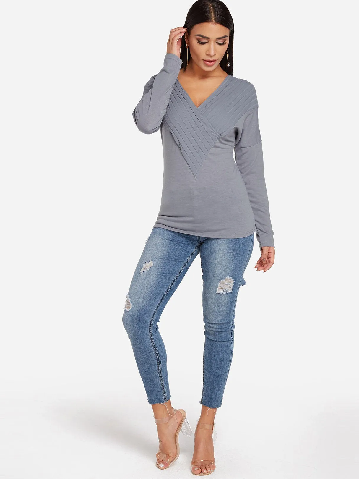 OEM ODM Deep V Neck Plain Crossed Front Long Sleeve Grey T-Shirts