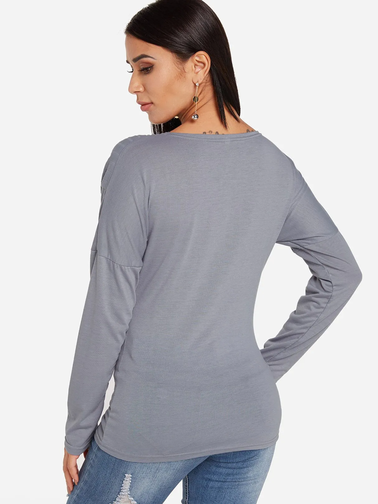 OEM ODM Deep V Neck Plain Crossed Front Long Sleeve Grey T-Shirts