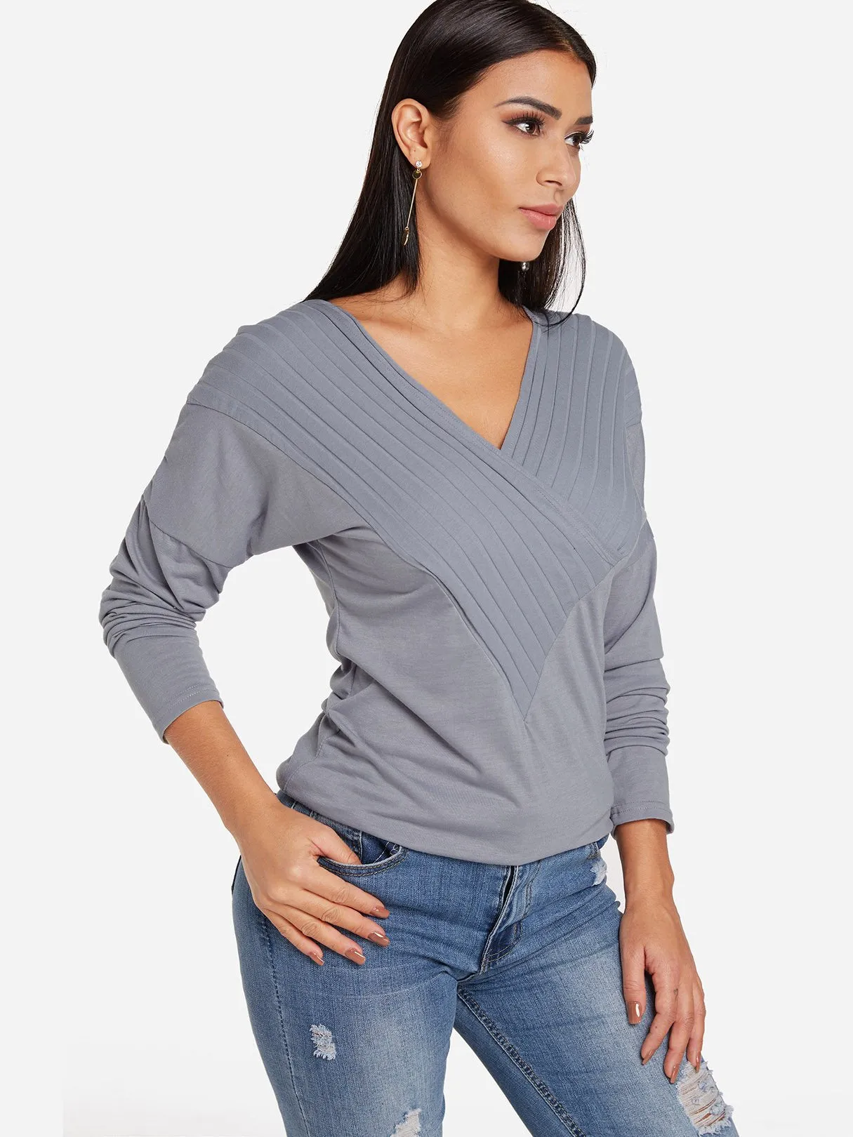 OEM ODM Deep V Neck Plain Crossed Front Long Sleeve Grey T-Shirts