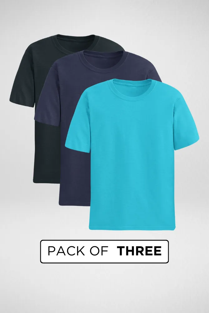 Pack Of 3 Plain T-shirts Navy Blue SkyBlue and Petrol Blue for Men