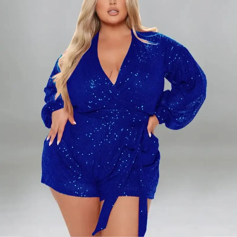 Plus Size Miss Right Sequin V-Neck Romper With Belt