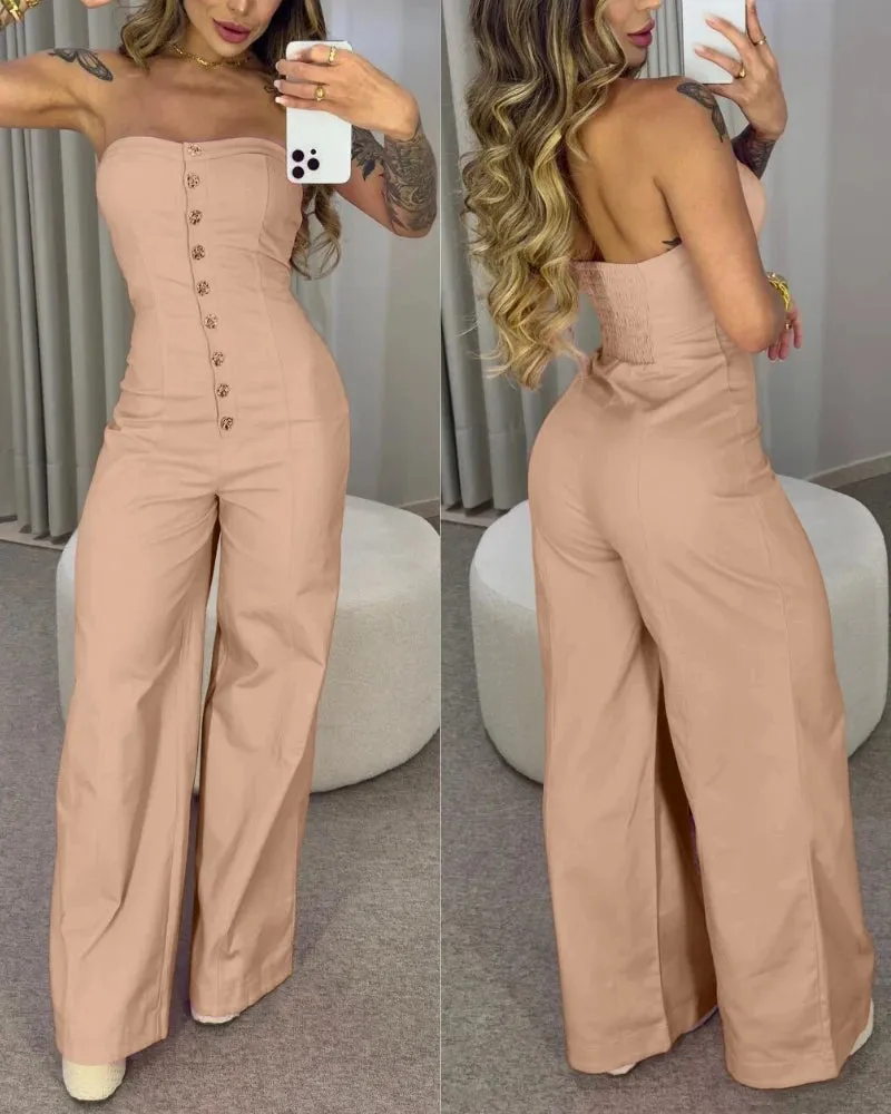 UAKISS  -  2024 Women Bandeau Button Design Waisted Jumpsuit Casual Wide Leg Rompers