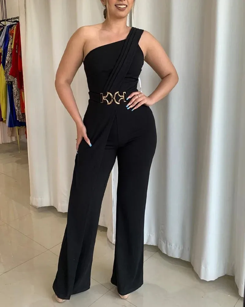 UAKISS  -  2024 Women One Shoulder Sleeveless Metal Belt Decor Jumpsuit Casual Wide Leg Rompers