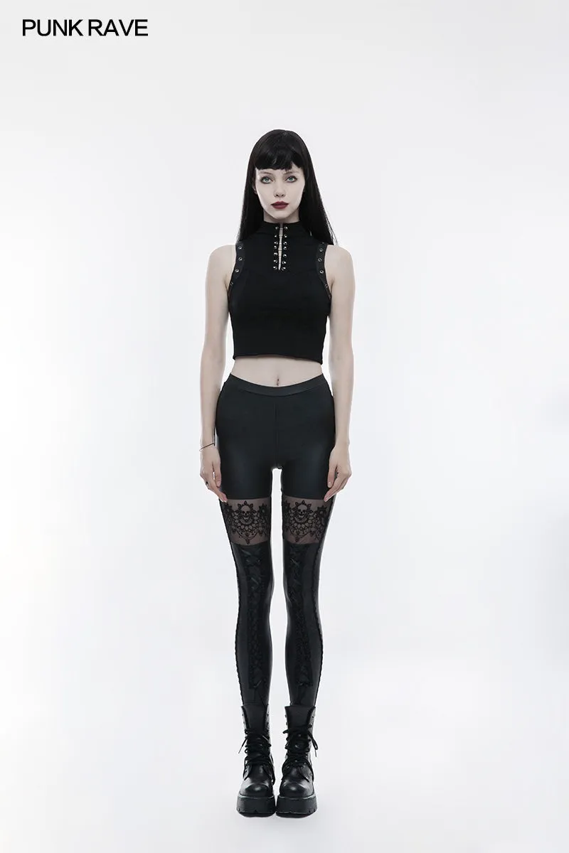 WK-293 Elastic Gothic Pants Skull Embroidered Leather Leggings