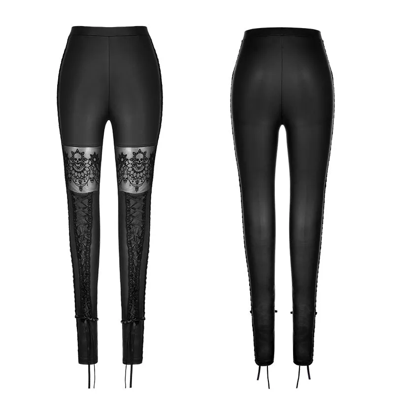 WK-293 Elastic Gothic Pants Skull Embroidered Leather Leggings