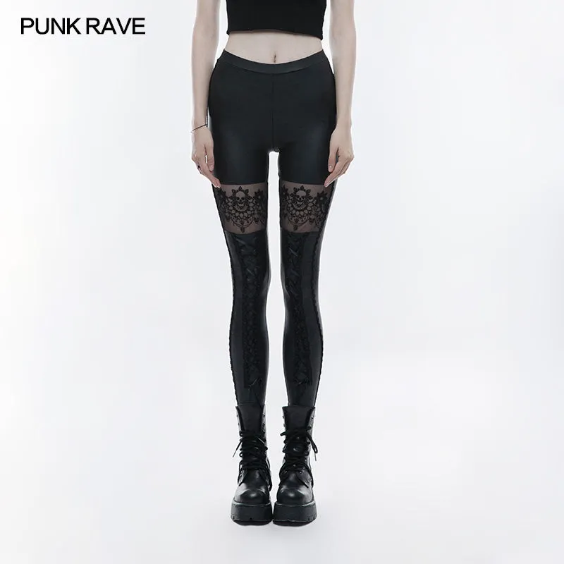 WK-293 Elastic Gothic Pants Skull Embroidered Leather Leggings