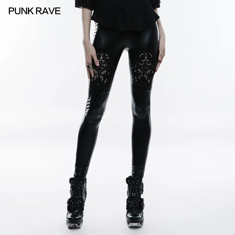 WK-309 Stretch Glossy Leather Lace Positioning Flower Gothic Leggings