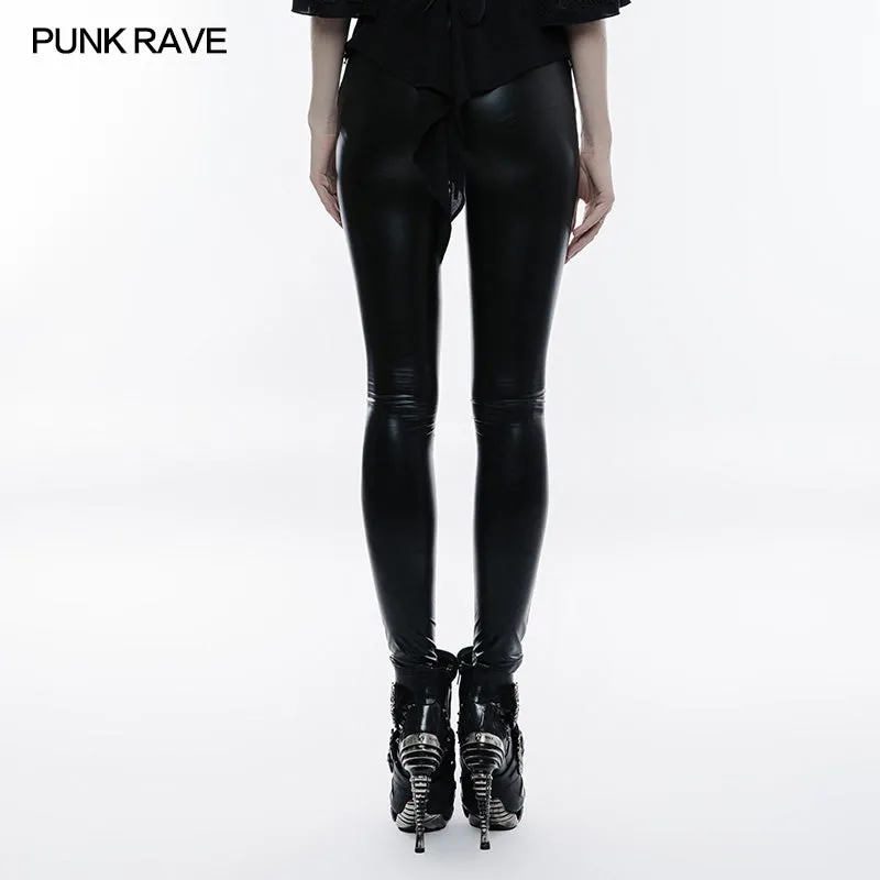 WK-309 Stretch Glossy Leather Lace Positioning Flower Gothic Leggings