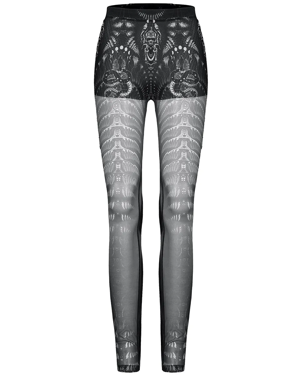 WK-491 Womens Serpentine Printed Mesh Cyberpunk Leggings - Black & White