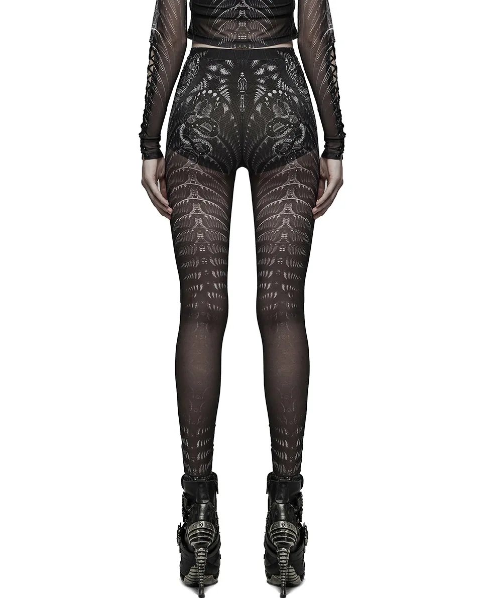 WK-491 Womens Serpentine Printed Mesh Cyberpunk Leggings - Black & White